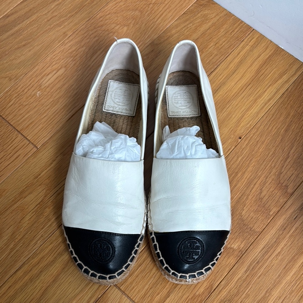 Tory Burch White and Black Espadrille Flats